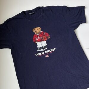 Vintage 1990s Ralph Lauren Navy Polo Sport Basketball 100% Cotton Tee Medium